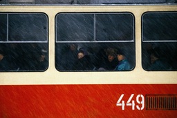 Passengers on a tram in Zaporozhye, Ukraine, 1992